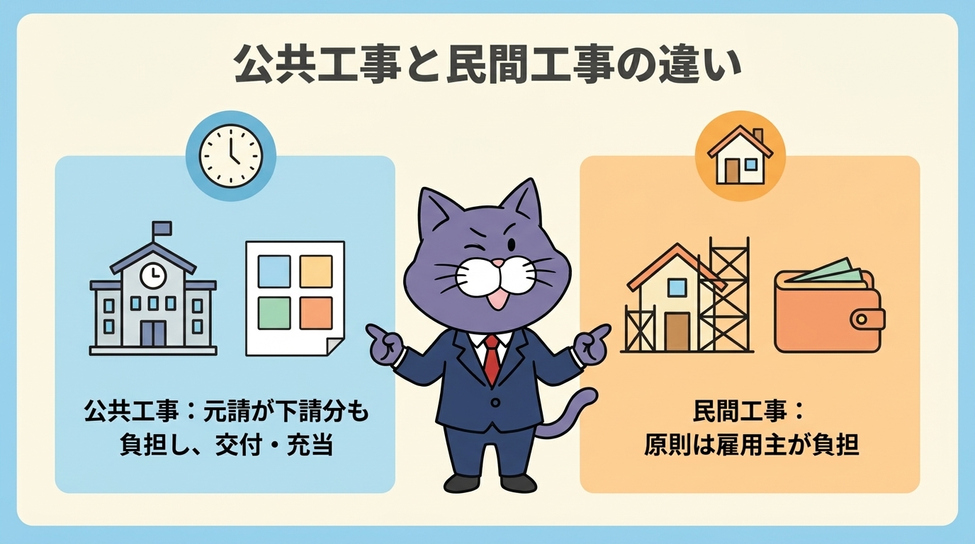 公共工事は元請が下請分も共済証紙・退職金ポイントを負担し、証紙は交付・ポイントは充当する仕組み、民間工事は原則として雇用主が負担する違いを示す比較図