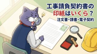 虫眼鏡で契約書の収入印紙をのぞく猫のマスコット。工事請負契約書の印紙はいくら？