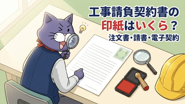 虫眼鏡で契約書の収入印紙をのぞく猫のマスコット。工事請負契約書の印紙はいくら？
