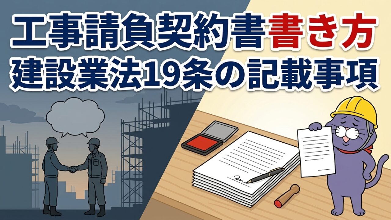 契約書を掲げる猫のマスコット。工事請負契約書の書き方 建設業法19条の記載事項