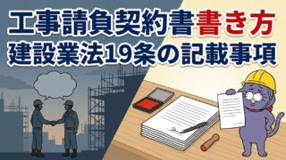 契約書を掲げる猫のマスコット。工事請負契約書の書き方 建設業法19条の記載事項