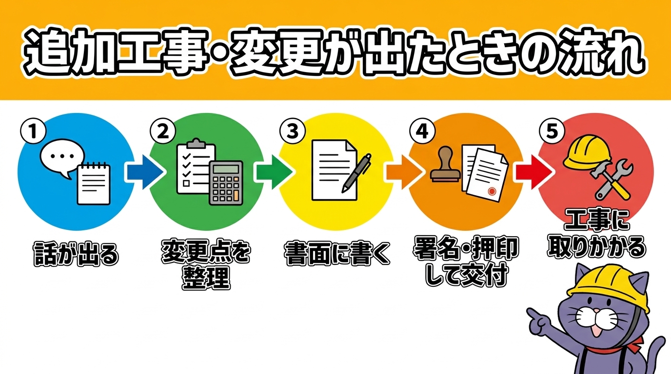 追加工事・変更が出たときの書面化の流れ