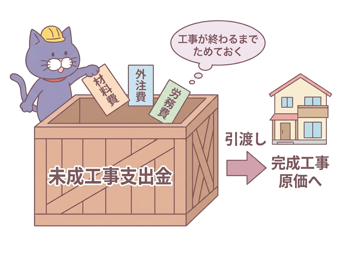 未成工事支出金は、引き渡していない工事の原価をためておく箱のイメージ