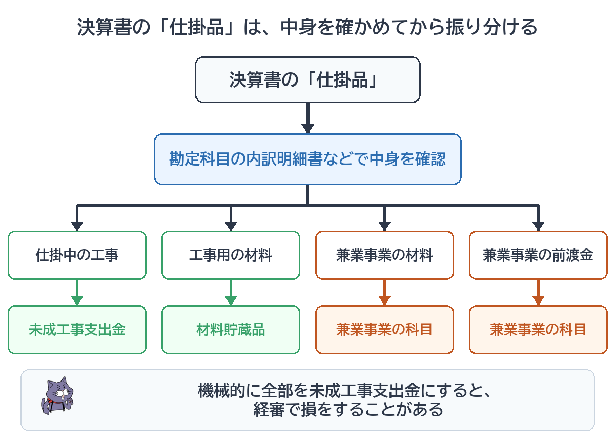 決算書の仕掛品を内訳明細書で確かめて振り分けるフロー