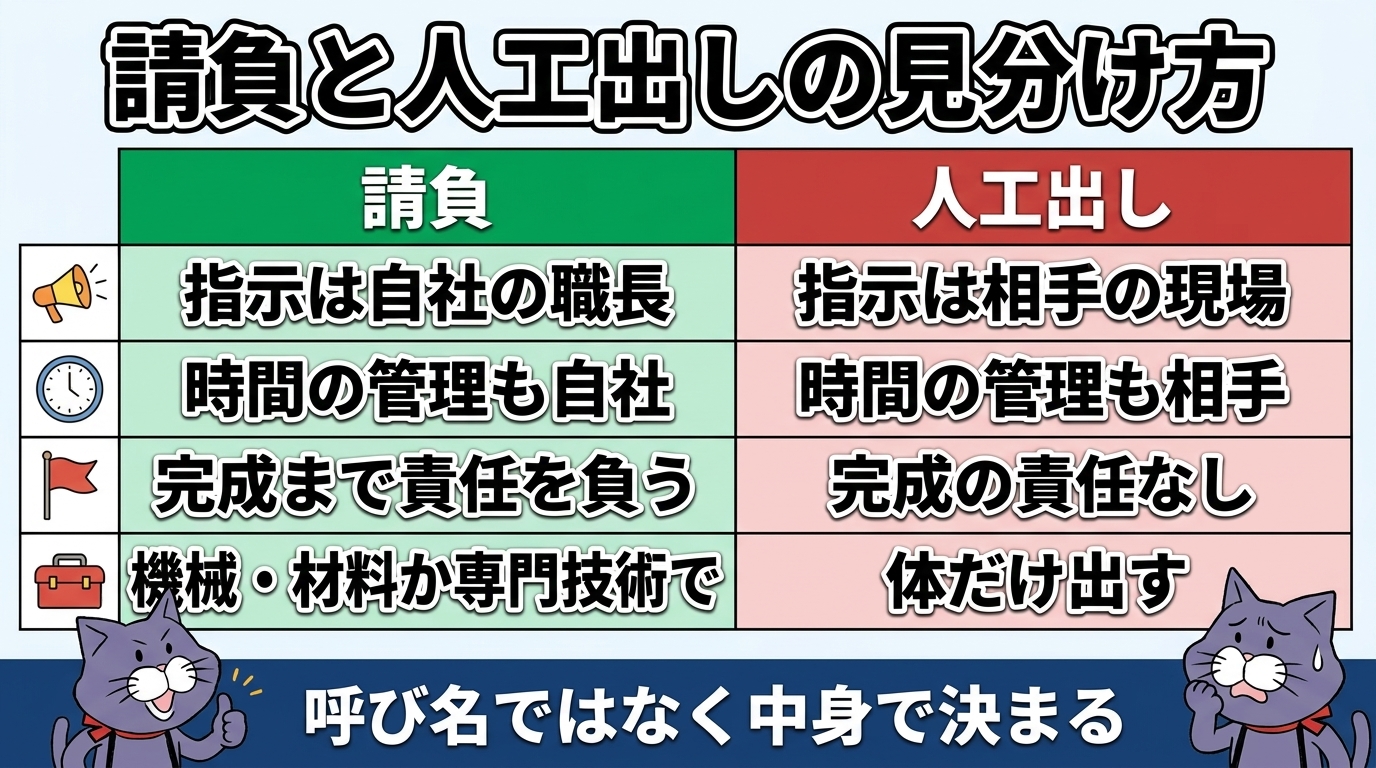 請負と人工出しの見分け方の早見表