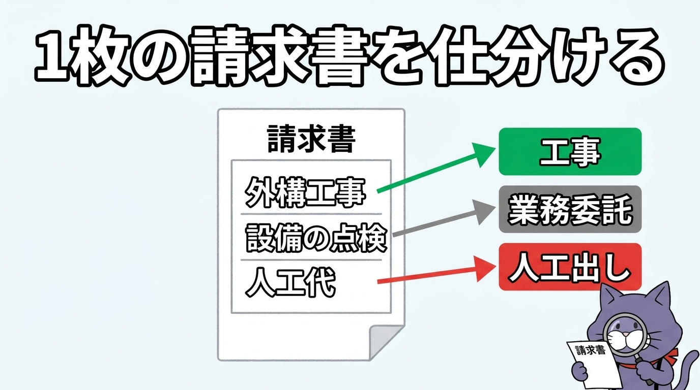 注文書・請求書を工事と人工出しに仕分ける例