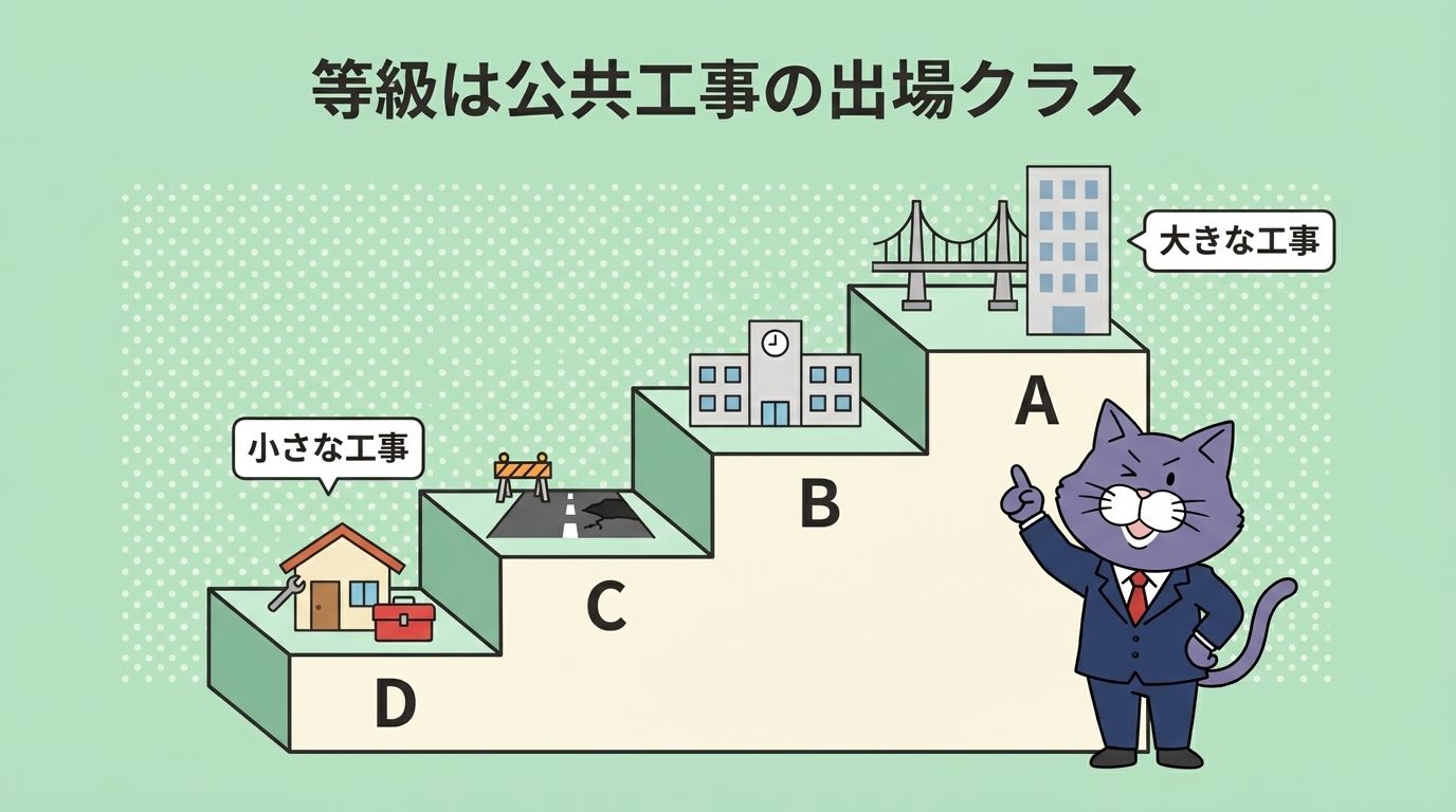 入札参加資格の等級A〜Dは公共工事の出場クラス。上位等級ほど大きな工事に入札できることを示す図