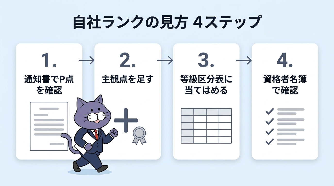 経審の総合評定値通知書でP点（客観点）を確認し、主観点を足した総合点数を発注機関の等級区分表に当てはめ、資格者名簿（格付け）で確認する4ステップの図