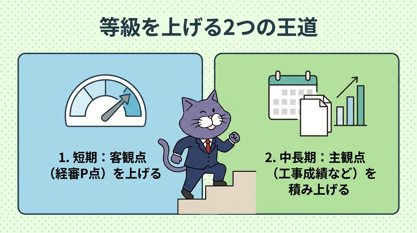 等級を上げる2つの王道。短期＝客観点（経審P点）を上げる、中長期＝主観点（工事成績など）を積み上げる、の2つを並べた図