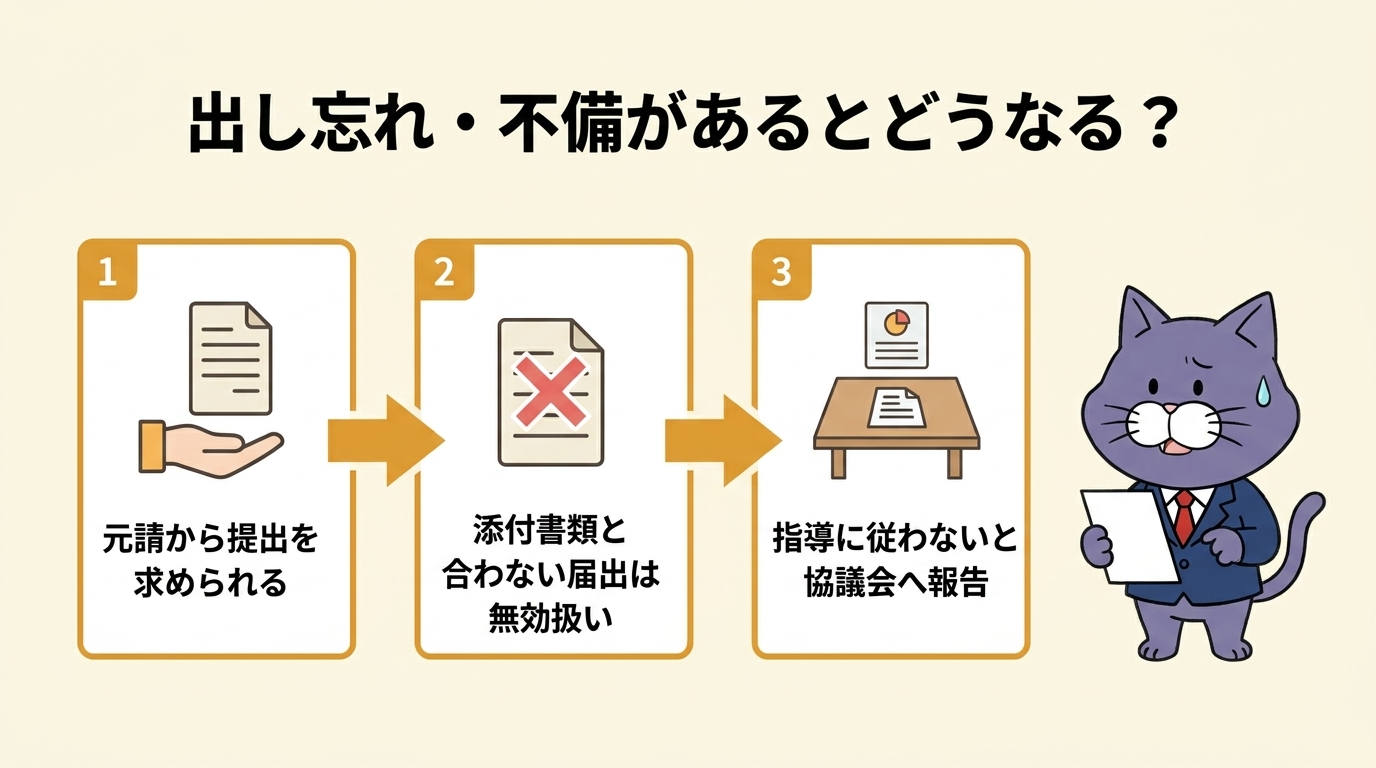 出し忘れた・記載に不備がある場合の流れ：元請から提出要求→添付書類と合わない届出は無効扱い→指導に従わない場合は建設分野特定技能協議会へ報告