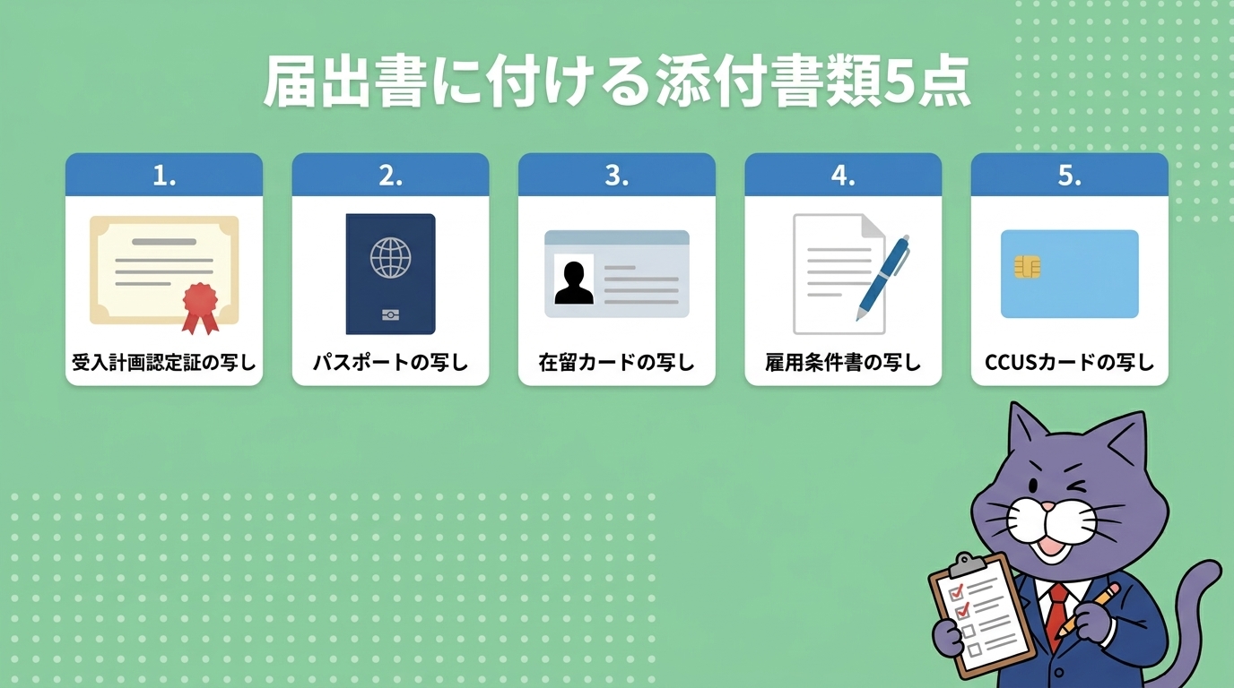 一号特定技能外国人建設現場入場届出書に必要な添付書類5点：受入計画認定証の写し、パスポートの写し、在留カードの写し、雇用条件書の写し、CCUSカードの写し